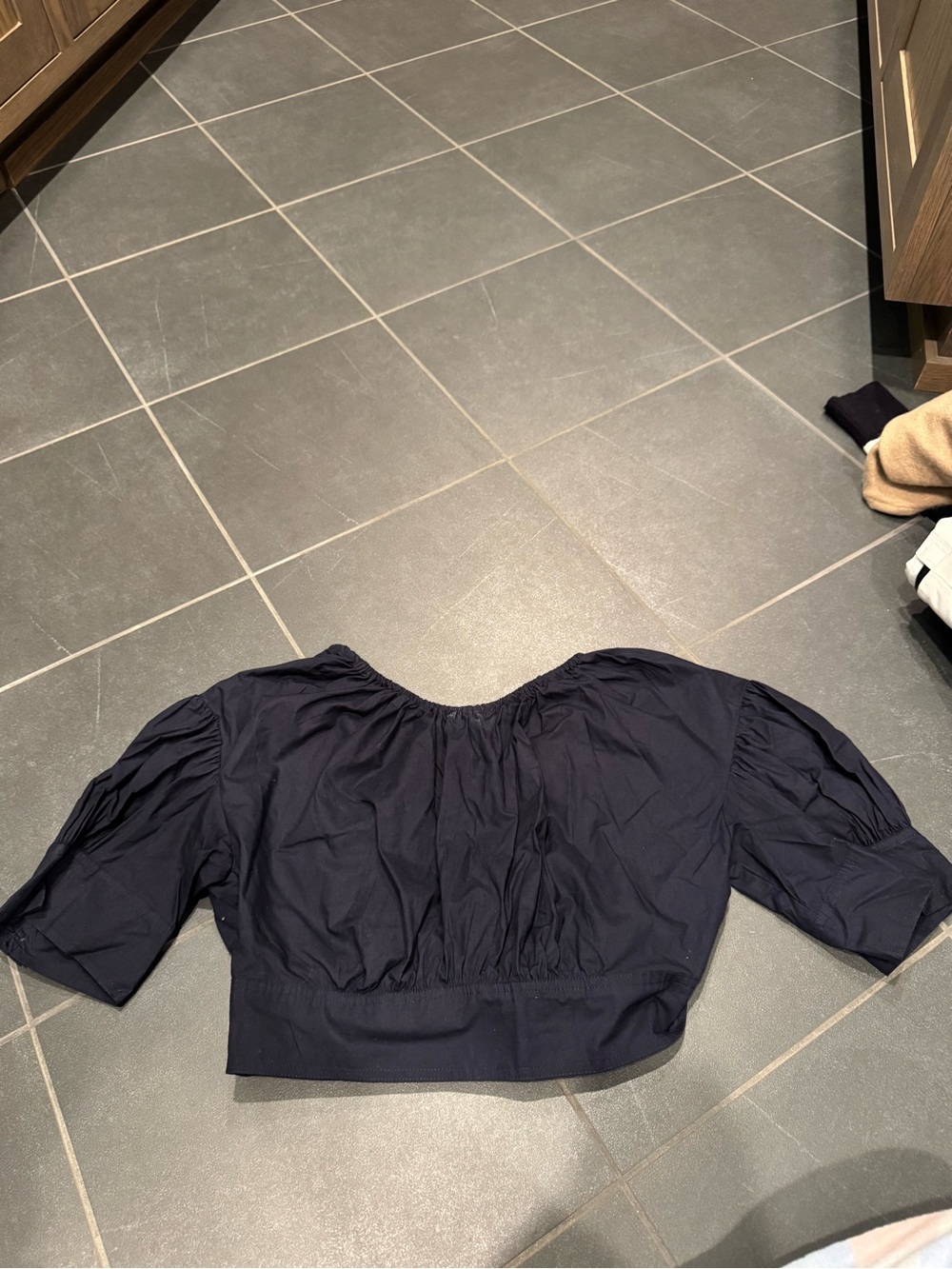 A.L.C. Navy Puff-Sleeve Cropped Blouse open back with tie details